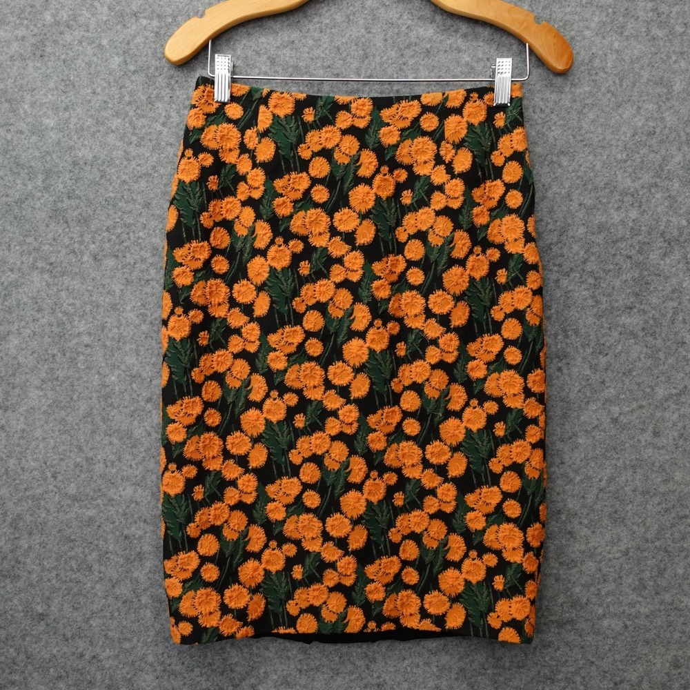 Jacquard Pencil Skirt Womens SMALL 4 Black Orange Marigold Floral Garden KAELEN